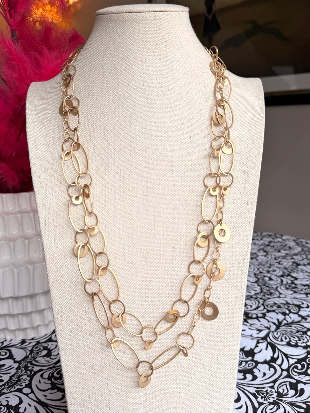 Premier Designs Gold Tone Double Strand Link Charm Necklace 27.5–30.5”